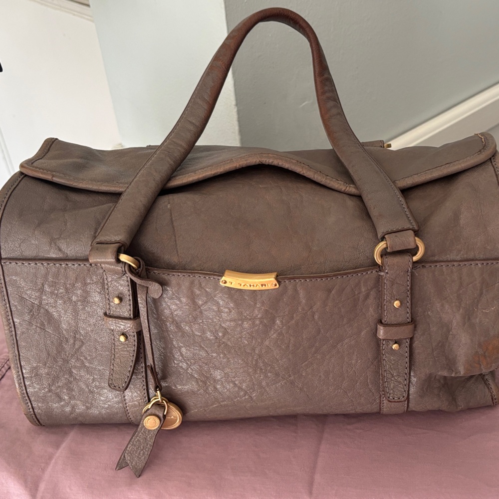 T Tahari Gray Leather Bag with Gold Detail